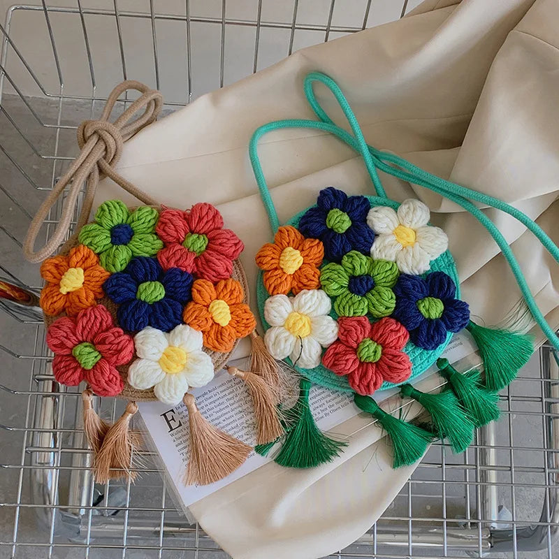 Women's Shoulder Bag Flower Tassel Decorated Crossbody Beach Travel Bag