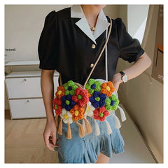 Women's Shoulder Bag Flower Tassel Decorated Crossbody Beach Travel Bag