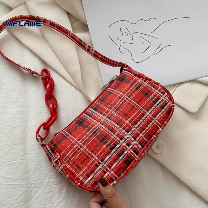 Women's Plaid Shoulder Bag Retro Chain Mini Handbag Zipper Casual