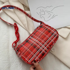 Women's Plaid Shoulder Bag Retro Chain Mini Handbag Zipper Casual