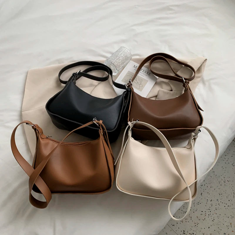 Small Tote Handbags Solid PU Leather Vintage Shoulder Bag Women Shopper Bags