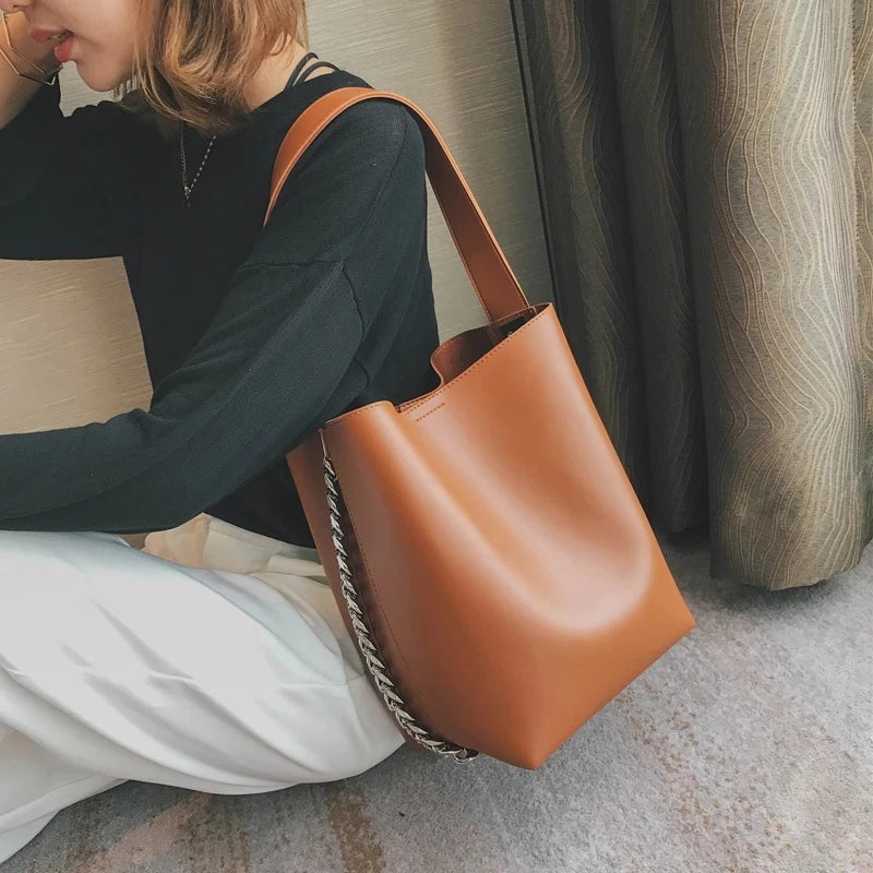 Women's Chain Bucket Handbags PU Leather Totes Shopping Bag