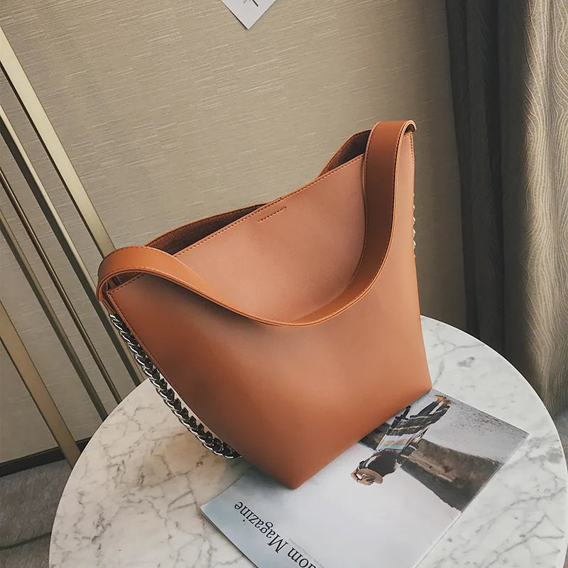 Women's Chain Bucket Handbags PU Leather Totes Shopping Bag