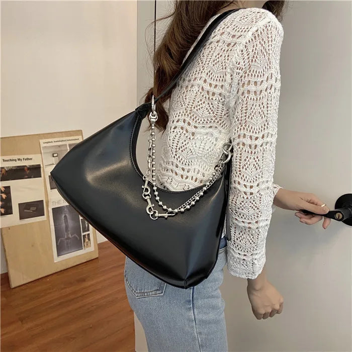 Women's Chain Shoulder Bag with Fringe, PU Leather Handbag