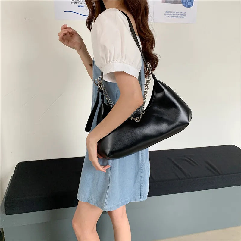 Women's Chain Shoulder Bag with Fringe, PU Leather Handbag