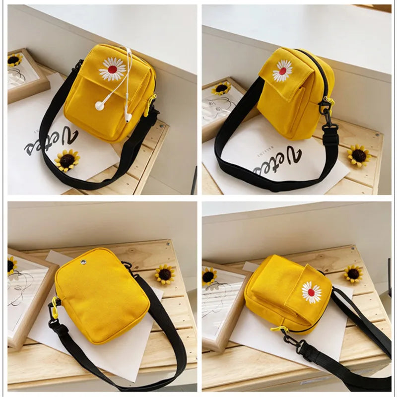 Women's Daisy Canvas Shoulder Bag Casual Handbag Zipper Cross-body Messenger Bag