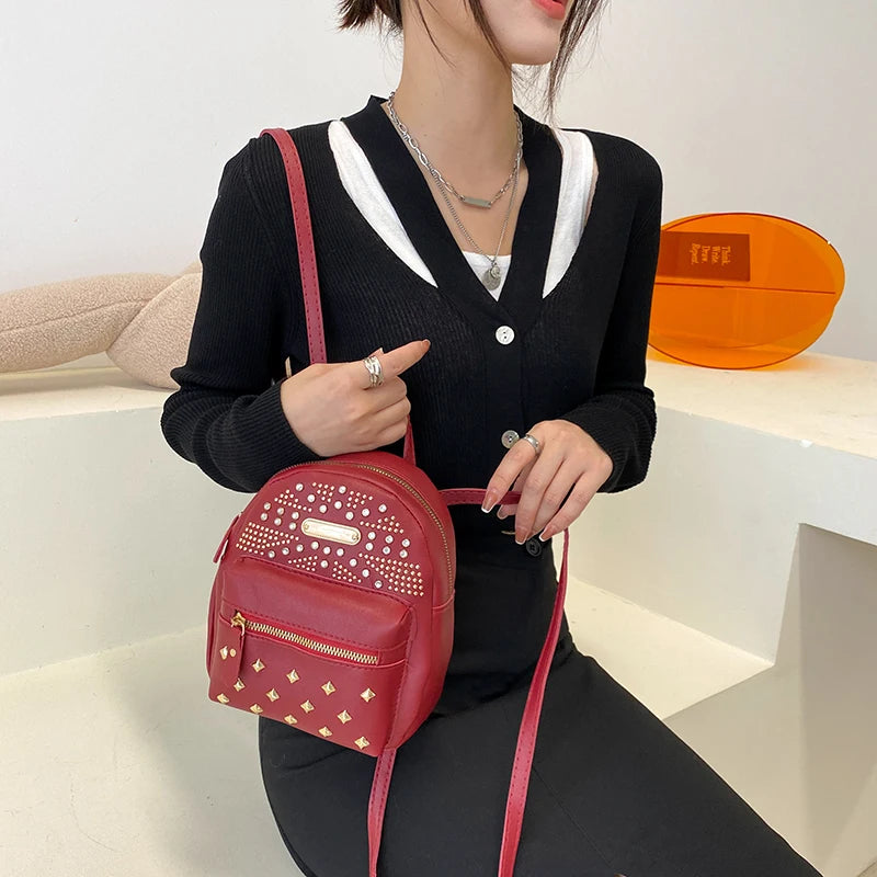 Women's Rivet Studded Leather Backpack Lightweight Travel Satchel