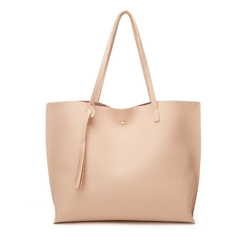 Women's Faux Leather Tote Shoulder Bag with Tassel Handbag