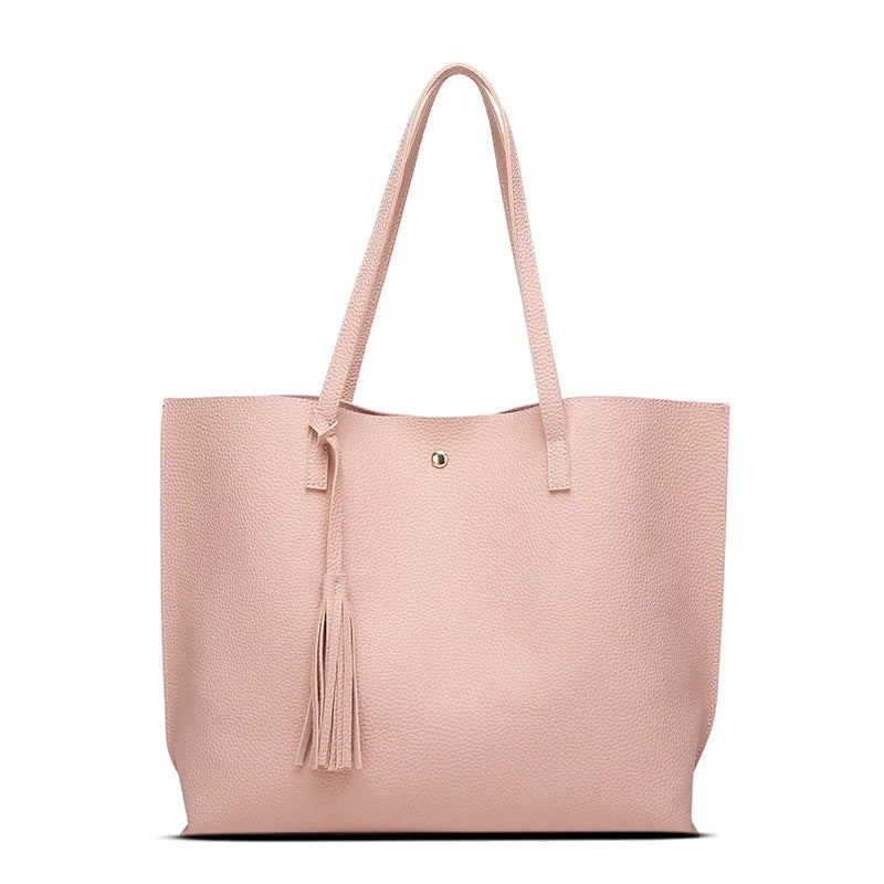 Women's Faux Leather Tote Shoulder Bag with Tassel Handbag