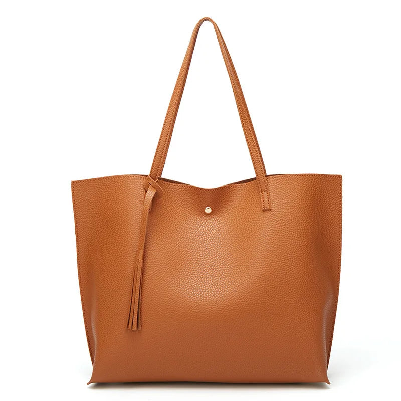 Women's Faux Leather Tote Shoulder Bag with Tassel Handbag
