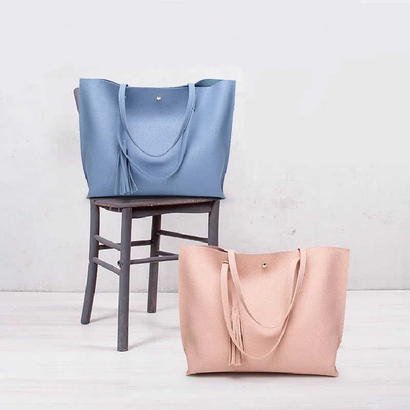 Women's Faux Leather Tote Shoulder Bag with Tassel Handbag