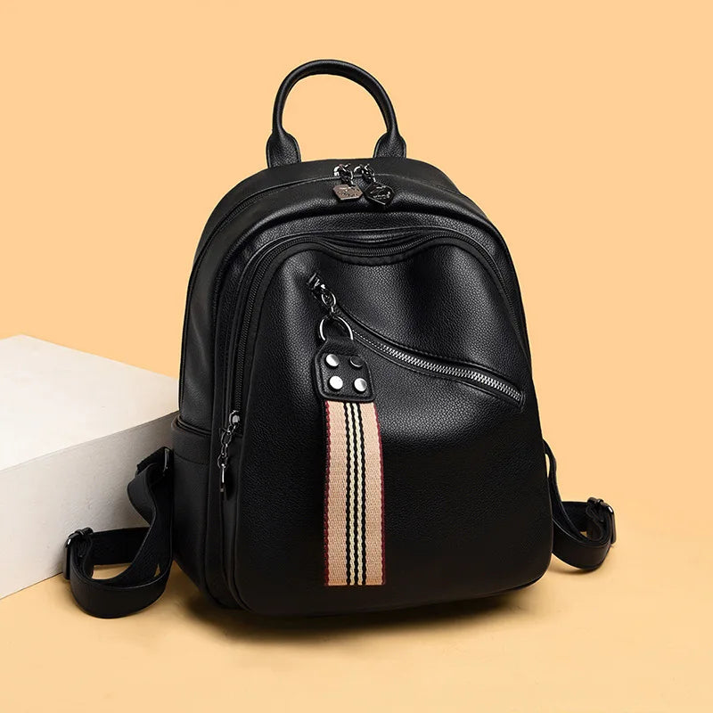 Women's Solid Pu Backpack Student Soft Leather Travel Backpack