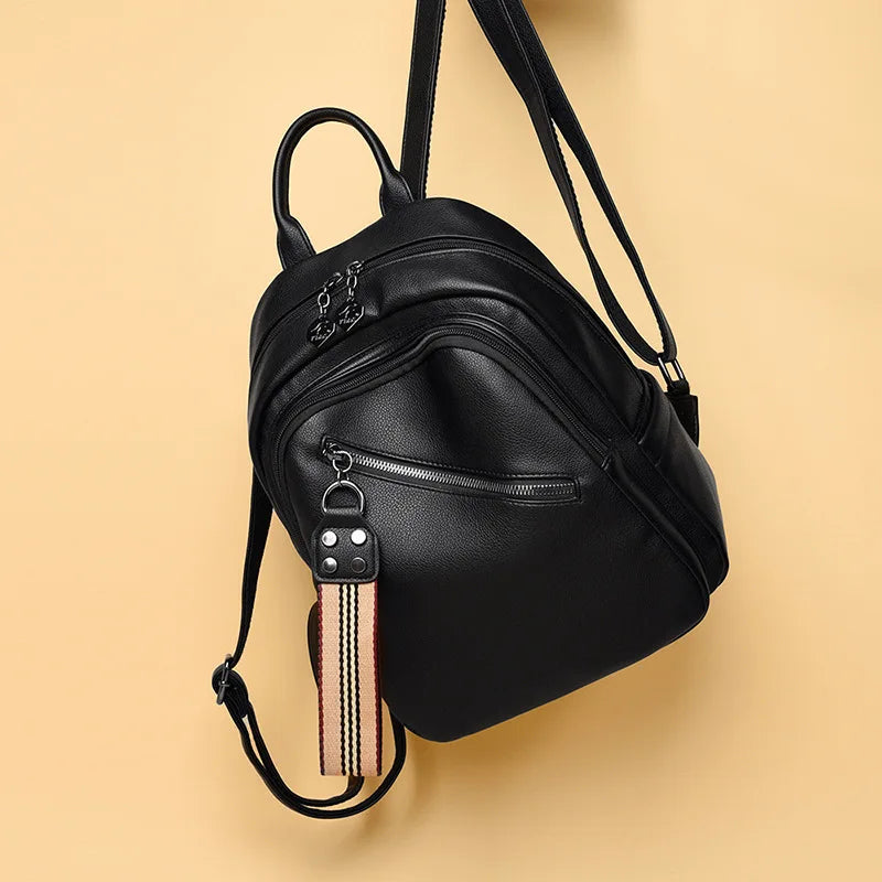 Women's Solid Pu Backpack Student Soft Leather Travel Backpack