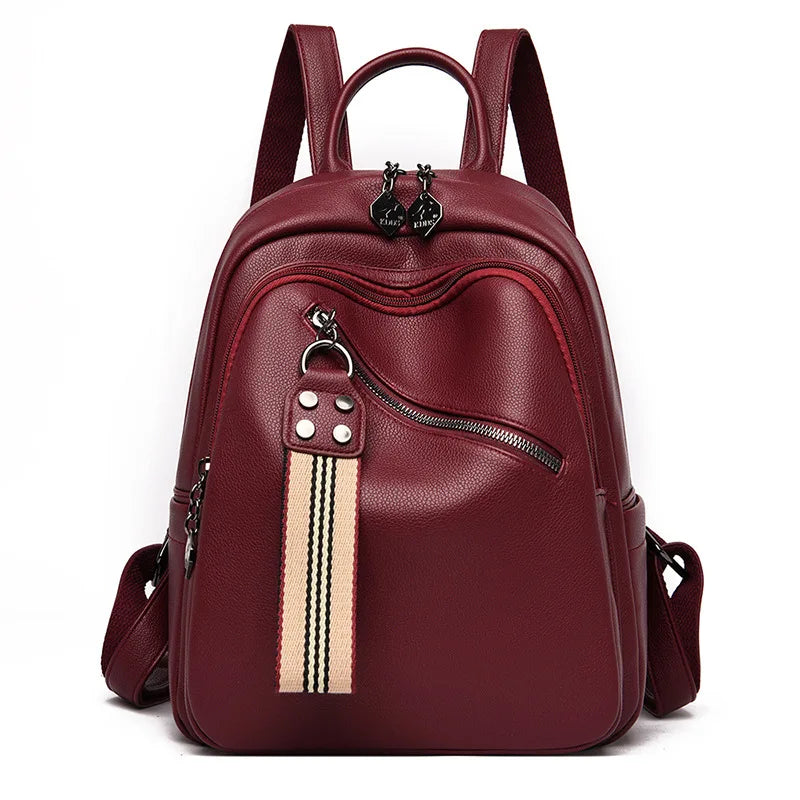 Women's Solid Pu Backpack Student Soft Leather Travel Backpack