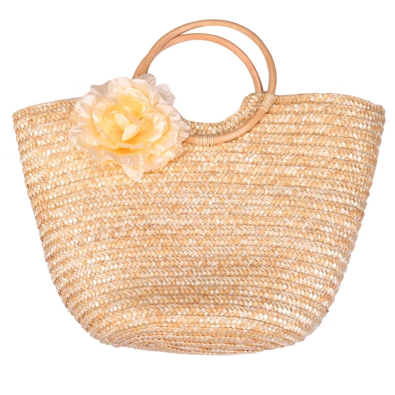Women's Straw Handbag Flower Woven Beach Tote Bag