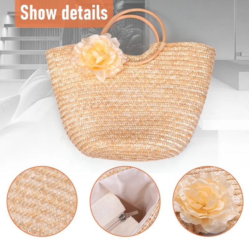 Women's Straw Handbag Flower Woven Beach Tote Bag