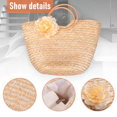 Women's Straw Handbag Flower Woven Beach Tote Bag