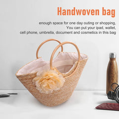 Women's Straw Handbag Flower Woven Beach Tote Bag