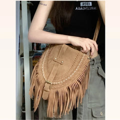 Women's Fringed Faux Suede Messenger Crossbody Bag Tassel Shoulder Tote