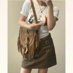 Women's Fringed Faux Suede Messenger Crossbody Bag Tassel Shoulder Tote