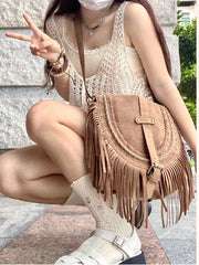 Women's Fringed Faux Suede Messenger Crossbody Bag Tassel Shoulder Tote