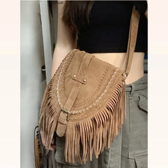 Women's Fringed Faux Suede Messenger Crossbody Bag Tassel Shoulder Tote