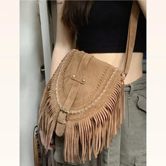 Women's Fringed Faux Suede Messenger Crossbody Bag Tassel Shoulder Tote