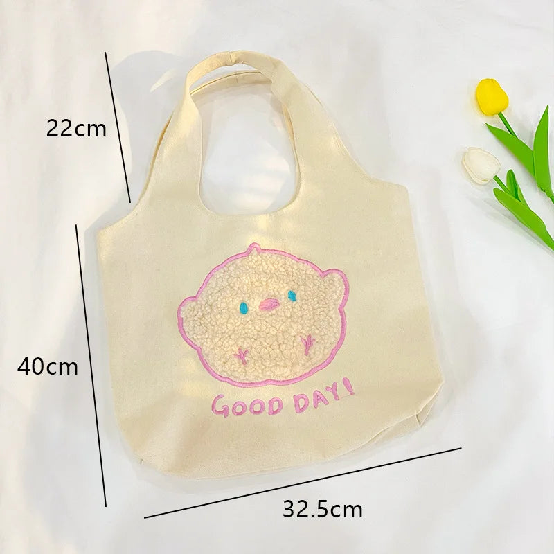 Women's Canvas Tote Bag Cartoon Embroidery Shoulder Shopper Handbag