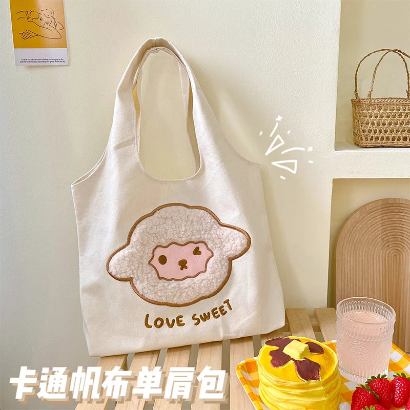 Women's Canvas Tote Bag Cartoon Embroidery Shoulder Shopper Handbag