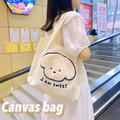 Women's Canvas Tote Bag Cartoon Embroidery Shoulder Shopper Handbag