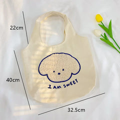 Women's Canvas Tote Bag Cartoon Embroidery Shoulder Shopper Handbag