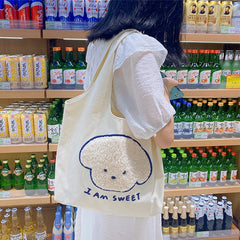 Women's Canvas Tote Bag Cartoon Embroidery Shoulder Shopper Handbag