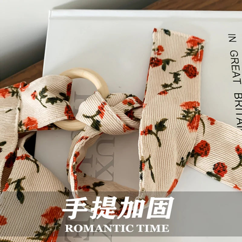 Women's Corduroy Tote Bag Sweet Rose Flower Printing Large Capacity Handbag