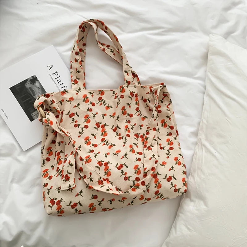 Women's Corduroy Tote Bag Sweet Rose Flower Printing Large Capacity Handbag