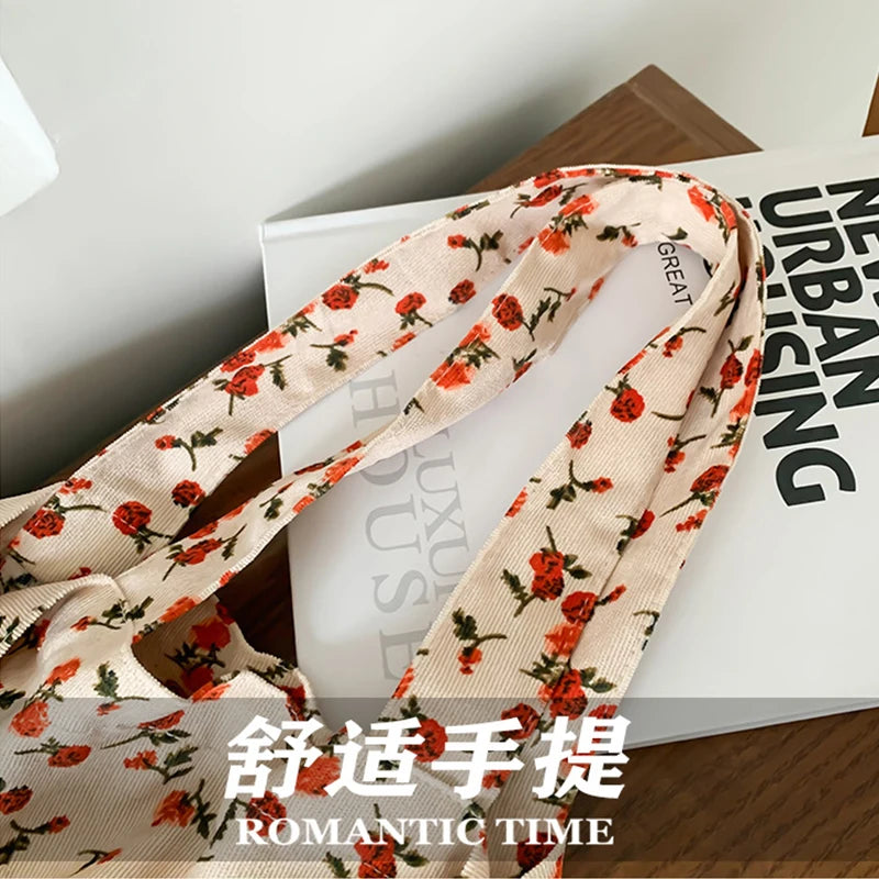 Women's Corduroy Tote Bag Sweet Rose Flower Printing Large Capacity Handbag