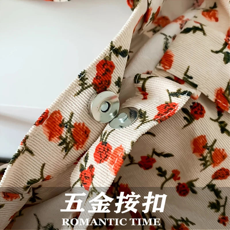 Women's Corduroy Tote Bag Sweet Rose Flower Printing Large Capacity Handbag
