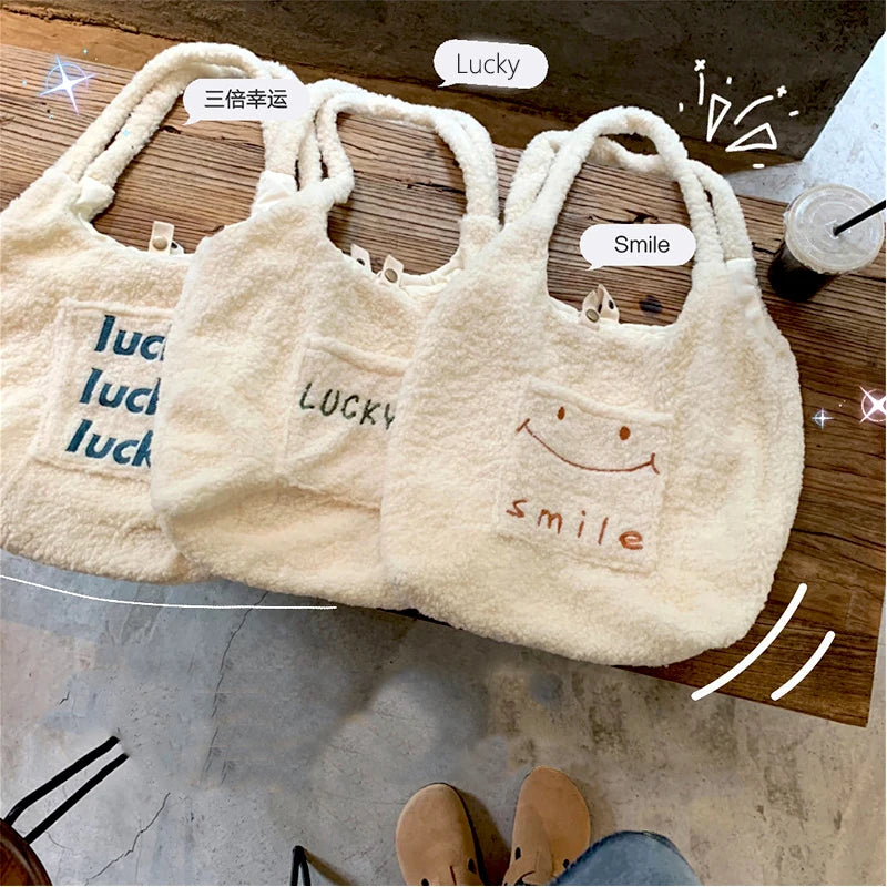 Plush Shoulder Bag Japanese Style Cartoon Embroidery Handbag