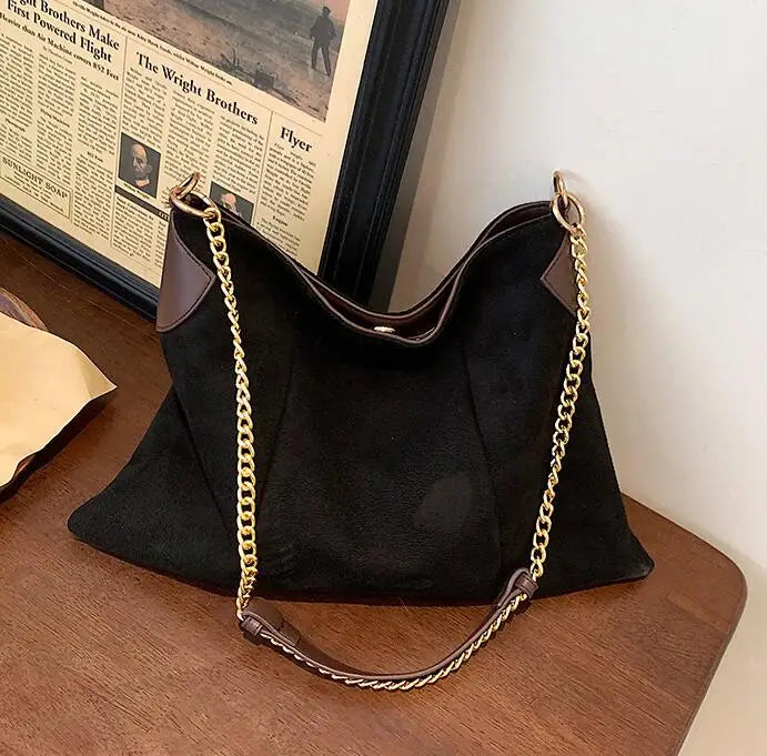 Women's Vintage Chain Shoulder Bag Brown Winter Tote Handbag Shopper
