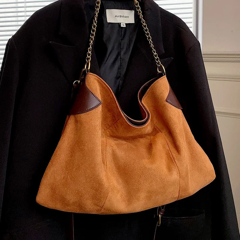 Women's Vintage Chain Shoulder Bag Brown Winter Tote Handbag Shopper