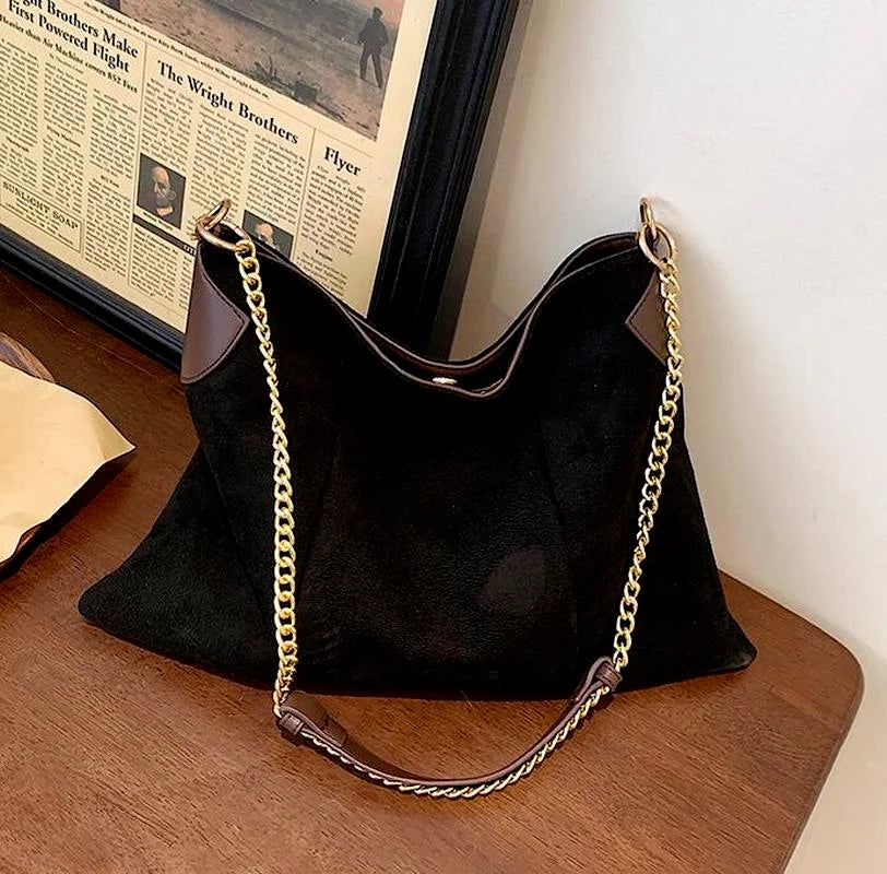 Women's Vintage Chain Shoulder Bag Brown Winter Tote Handbag Shopper
