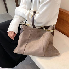 Women's Vintage Chain Shoulder Bag Brown Winter Tote Handbag Shopper