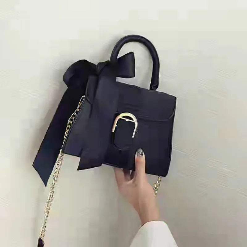 Women's Velvet Messenger Bag with Bow, Casual Solid Retro Handbag
