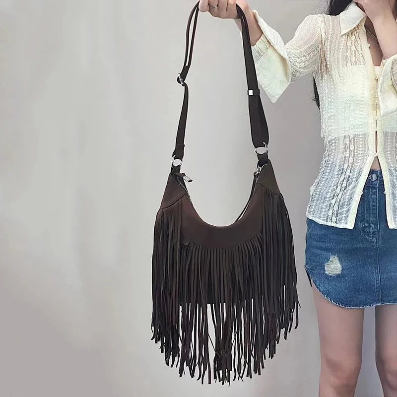 Vintage Tassle Suede Shoulder Crossbody Bag for Ladies