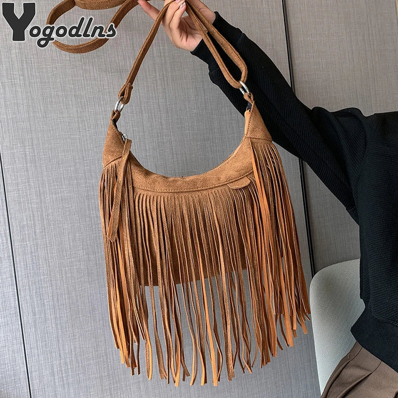 Vintage Tassle Suede Shoulder Crossbody Bag for Ladies
