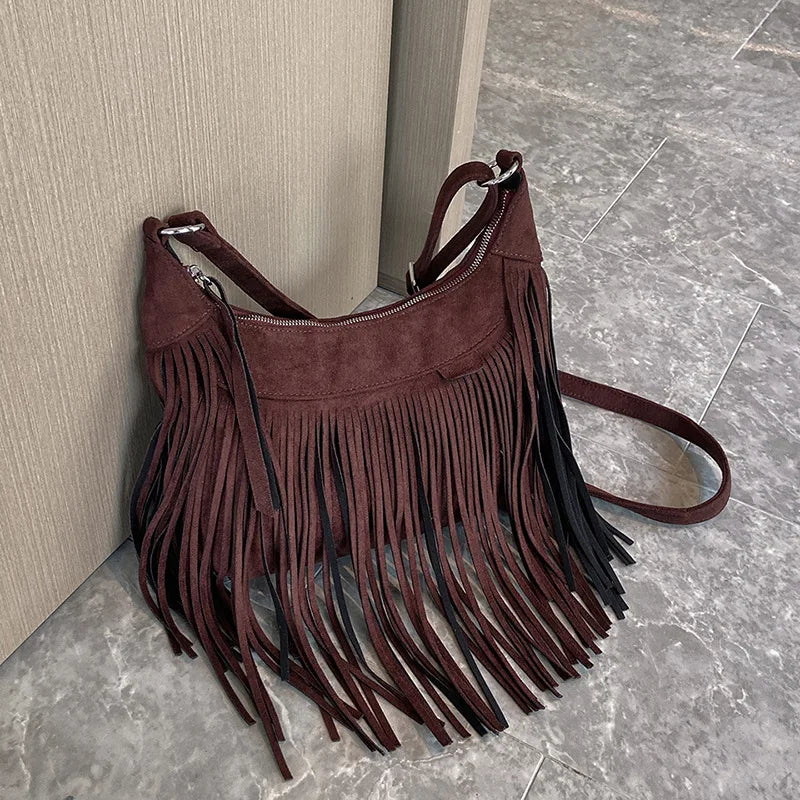 Vintage Tassle Suede Shoulder Crossbody Bag for Ladies
