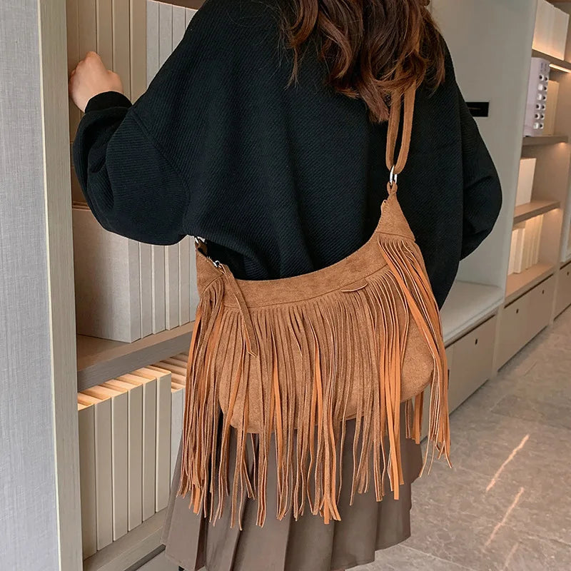 Vintage Tassle Suede Shoulder Crossbody Bag for Ladies