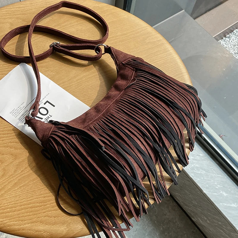 Vintage Tassle Suede Shoulder Crossbody Bag for Ladies