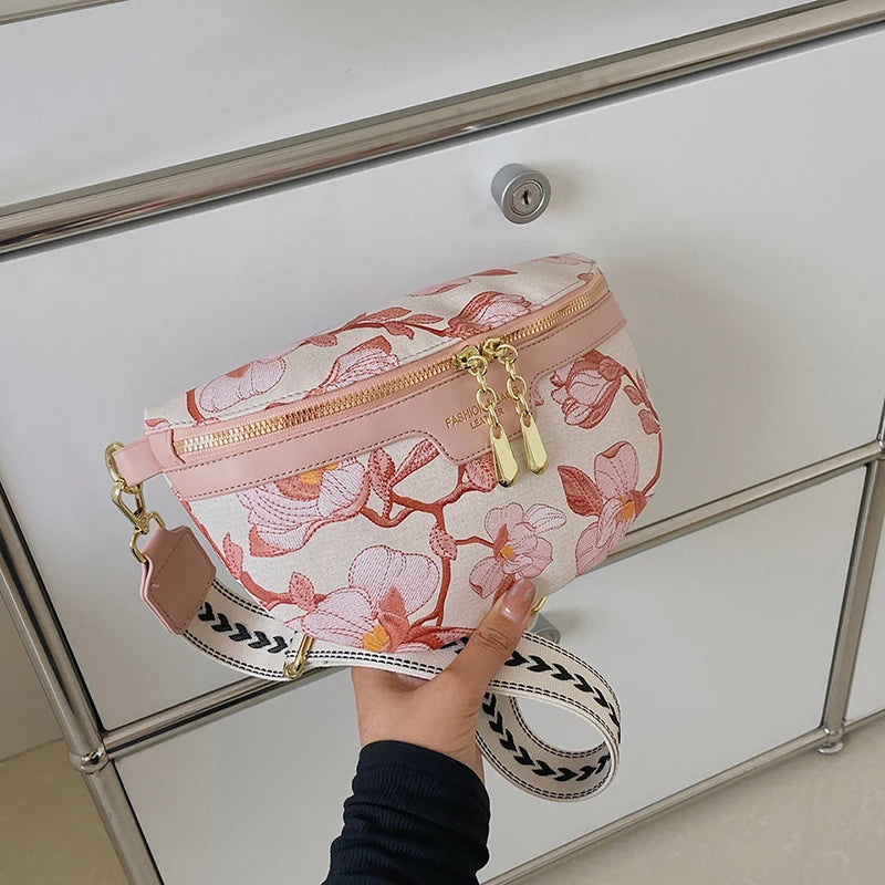 Embroidered Waist Bag Canvas Fanny Pack Crossbody Shoulder Bag