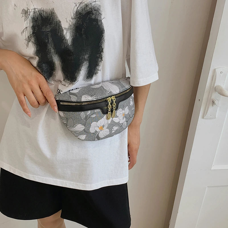 Embroidered Waist Bag Canvas Fanny Pack Crossbody Shoulder Bag