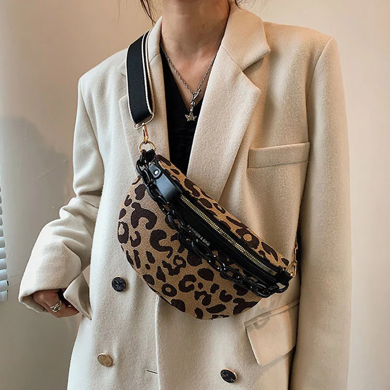 Leopard Print Canvas Waist Bag Chest Pack Fanny Pack